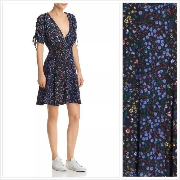 French Connection Aubine Drape VNeck Black Floral Tie Sleeve Dress US 0 NWT $128 - Picture 1 of 14